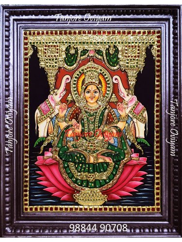 Gajalakshmi on a Lotus Tanjore painting elephants gold foil traditional artwork